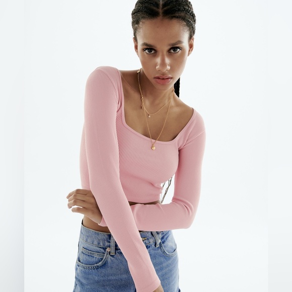 NWT ZARA Limitless Contour Collection Pink RIbbed Stretch Long Sleeve Crop Shirt - Picture 6 of 8